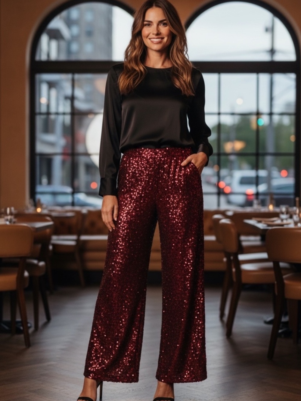 NWT Twinkle & Glow Vince Camuto Crimson Red Sequin Wide-Leg Pull On Pants Size L